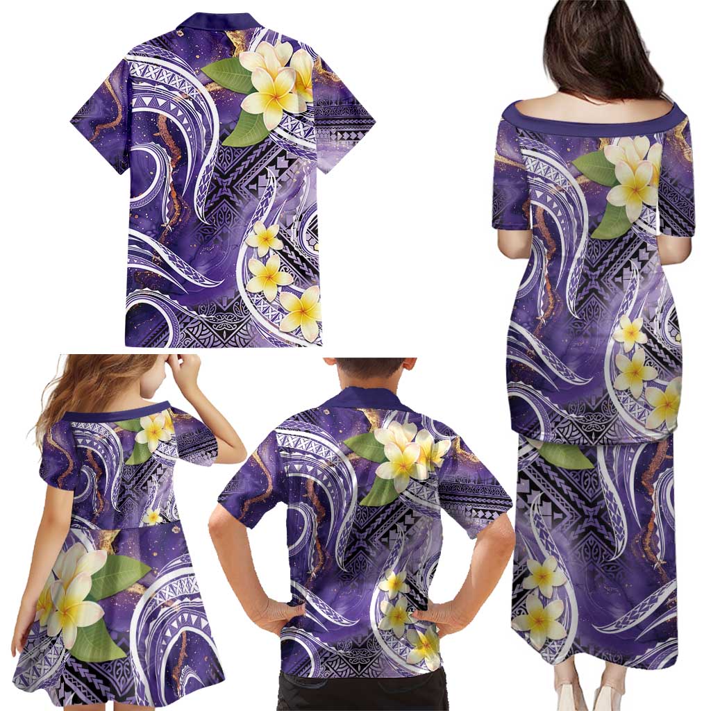 Polynesian Tribal Tattoo Family Matching Puletasi and Hawaiian Shirt Plumeria Purple Marble Pattern LT9 - Polynesian Pride