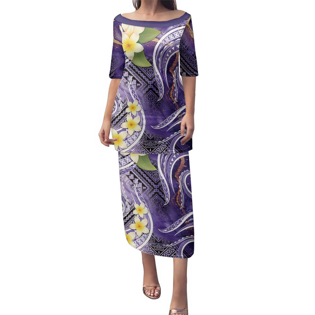 Polynesian Tribal Tattoo Family Matching Puletasi and Hawaiian Shirt Plumeria Purple Marble Pattern LT9 Mom's Dress Purple - Polynesian Pride