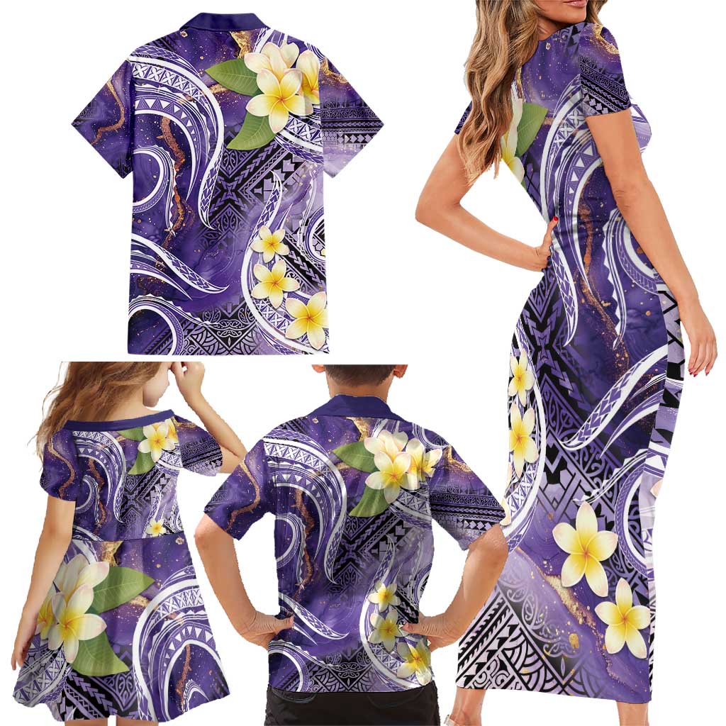 Polynesian Tribal Tattoo Family Matching Short Sleeve Bodycon Dress and Hawaiian Shirt Plumeria Purple Marble Pattern LT9 - Polynesian Pride