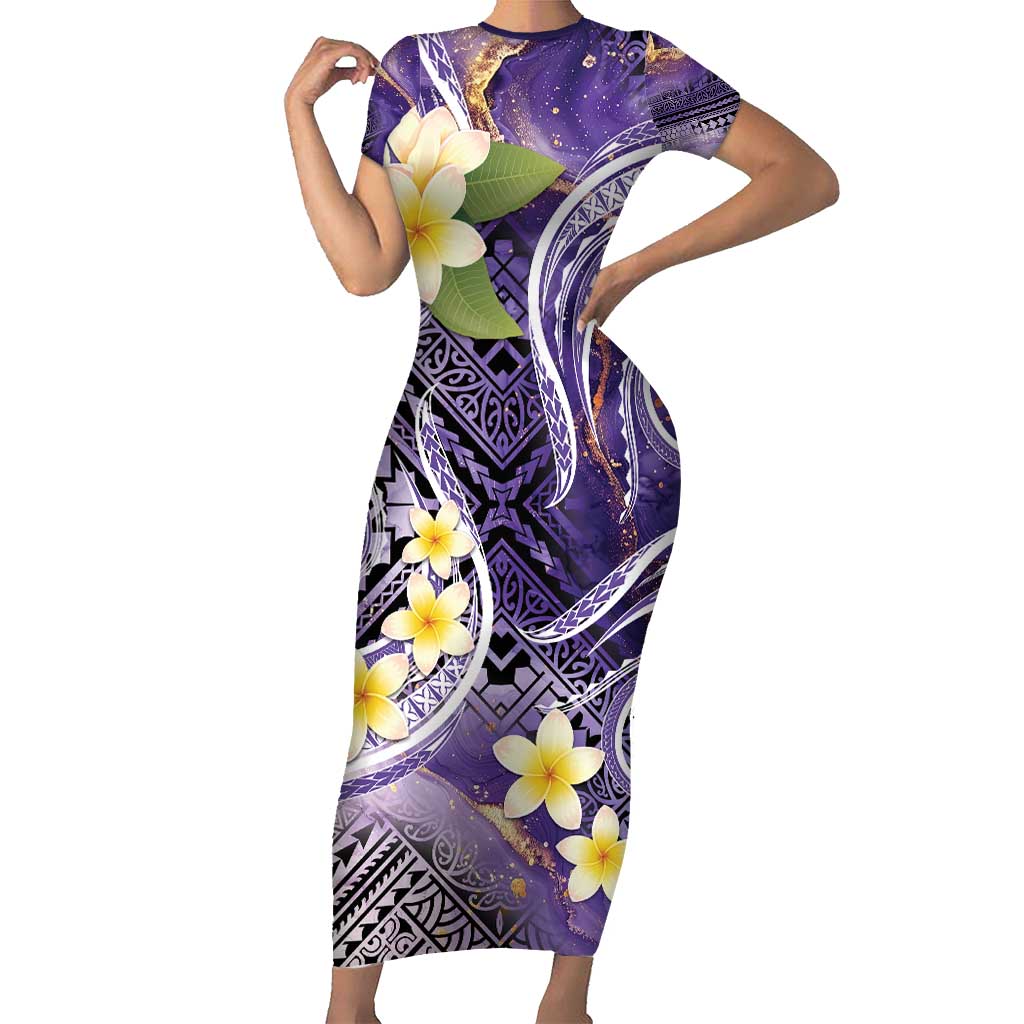 Polynesian Tribal Tattoo Family Matching Short Sleeve Bodycon Dress and Hawaiian Shirt Plumeria Purple Marble Pattern LT9 Mom's Dress Purple - Polynesian Pride