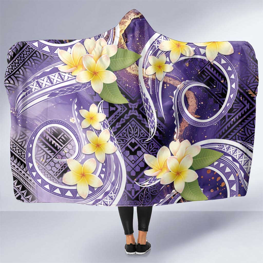 Polynesian Tribal Tattoo Hooded Blanket Plumeria Purple Marble Pattern