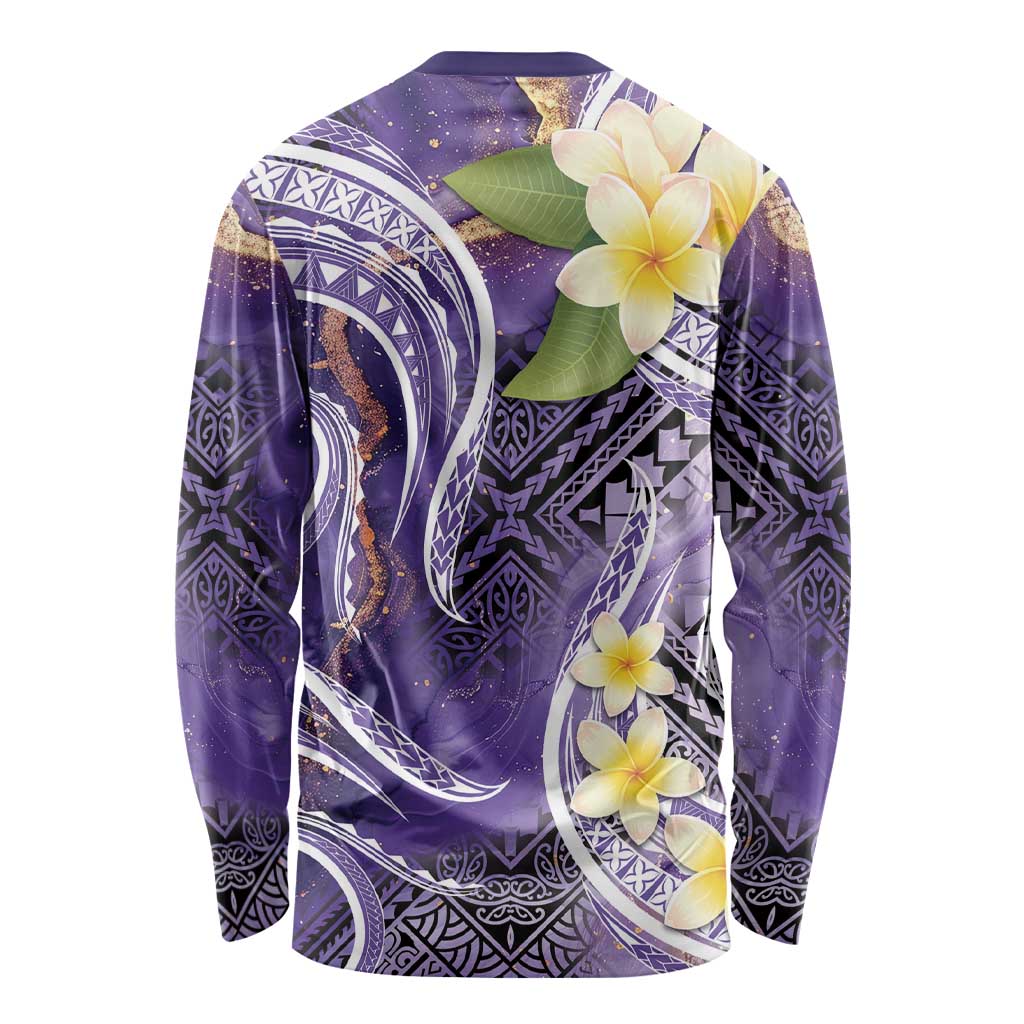 Polynesian Tribal Tattoo Long Sleeve Shirt Plumeria Purple Marble Pattern