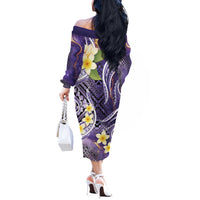 Polynesian Tribal Tattoo Off The Shoulder Long Sleeve Dress Plumeria Purple Marble Pattern