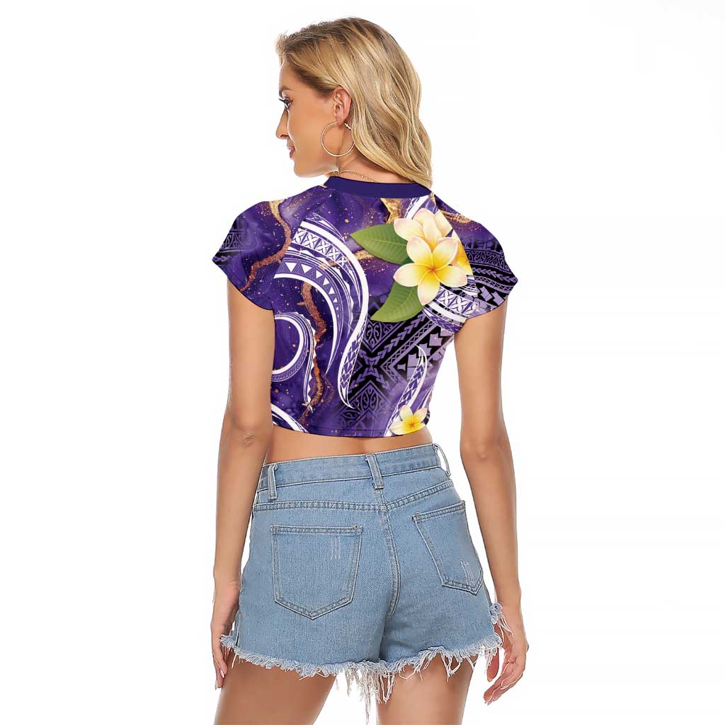 Polynesian Tribal Tattoo Raglan Cropped T Shirt Plumeria Purple Marble Pattern