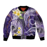 Polynesian Tribal Tattoo Sleeve Zip Bomber Jacket Plumeria Purple Marble Pattern