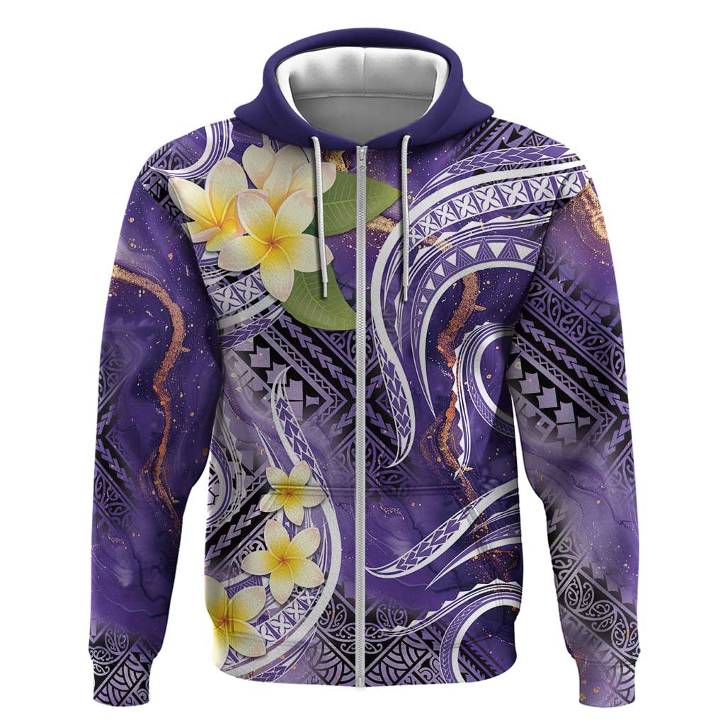 Polynesian Tribal Tattoo Zip Hoodie Plumeria Purple Marble Pattern