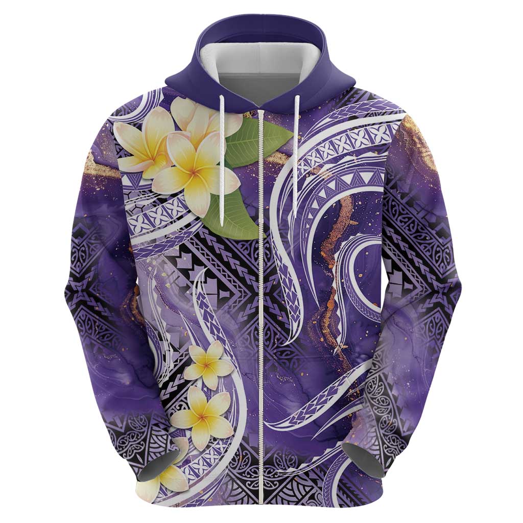 Polynesian Tribal Tattoo Zip Hoodie Plumeria Purple Marble Pattern