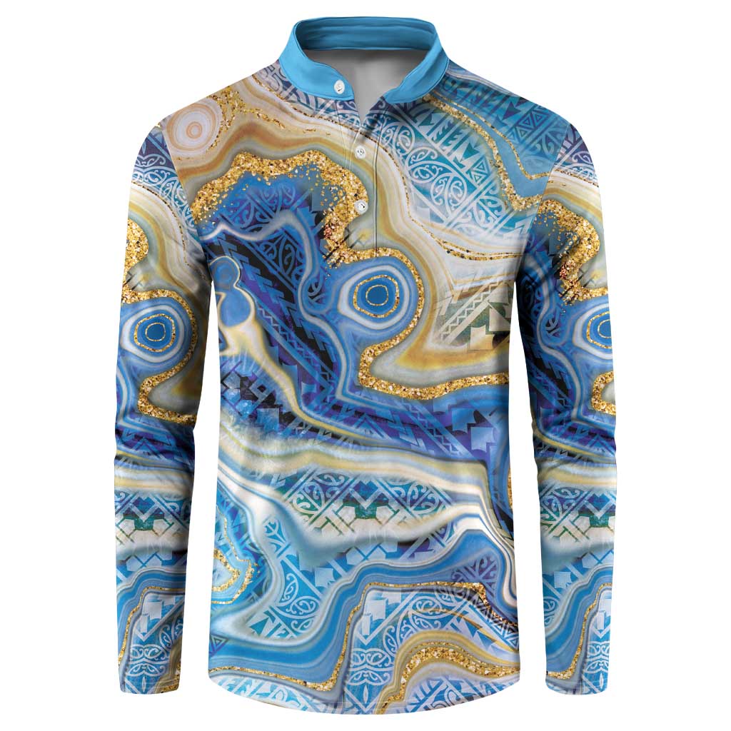 Polynesian Tribal Tattoo Button Sweatshirt Swirling Ocean Marble Pattern