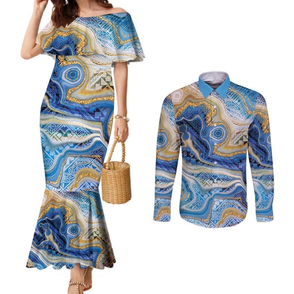 Polynesian Tribal Tattoo Couples Matching Mermaid Dress and Long Sleeve Button Shirt Swirling Ocean Marble Pattern