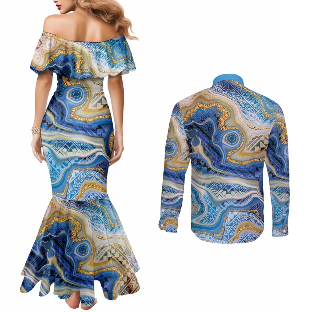 Polynesian Tribal Tattoo Couples Matching Mermaid Dress and Long Sleeve Button Shirt Swirling Ocean Marble Pattern