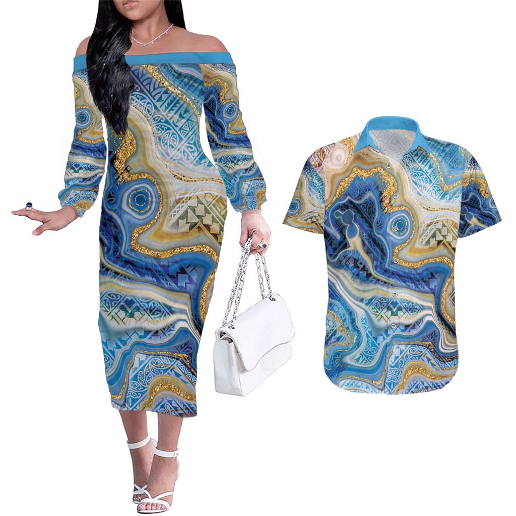 Polynesian Tribal Tattoo Couples Matching Off The Shoulder Long Sleeve Dress and Hawaiian Shirt Swirling Ocean Marble Pattern
