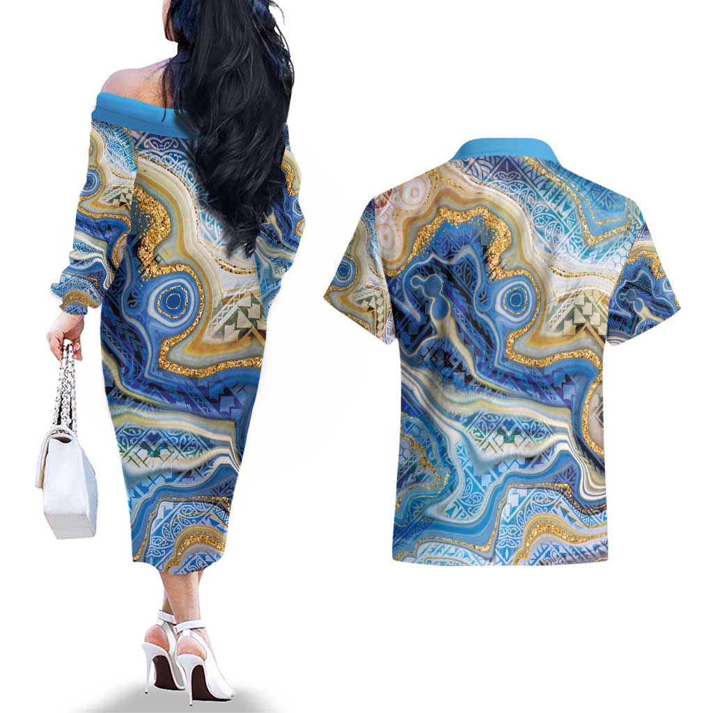 Polynesian Tribal Tattoo Couples Matching Off The Shoulder Long Sleeve Dress and Hawaiian Shirt Swirling Ocean Marble Pattern