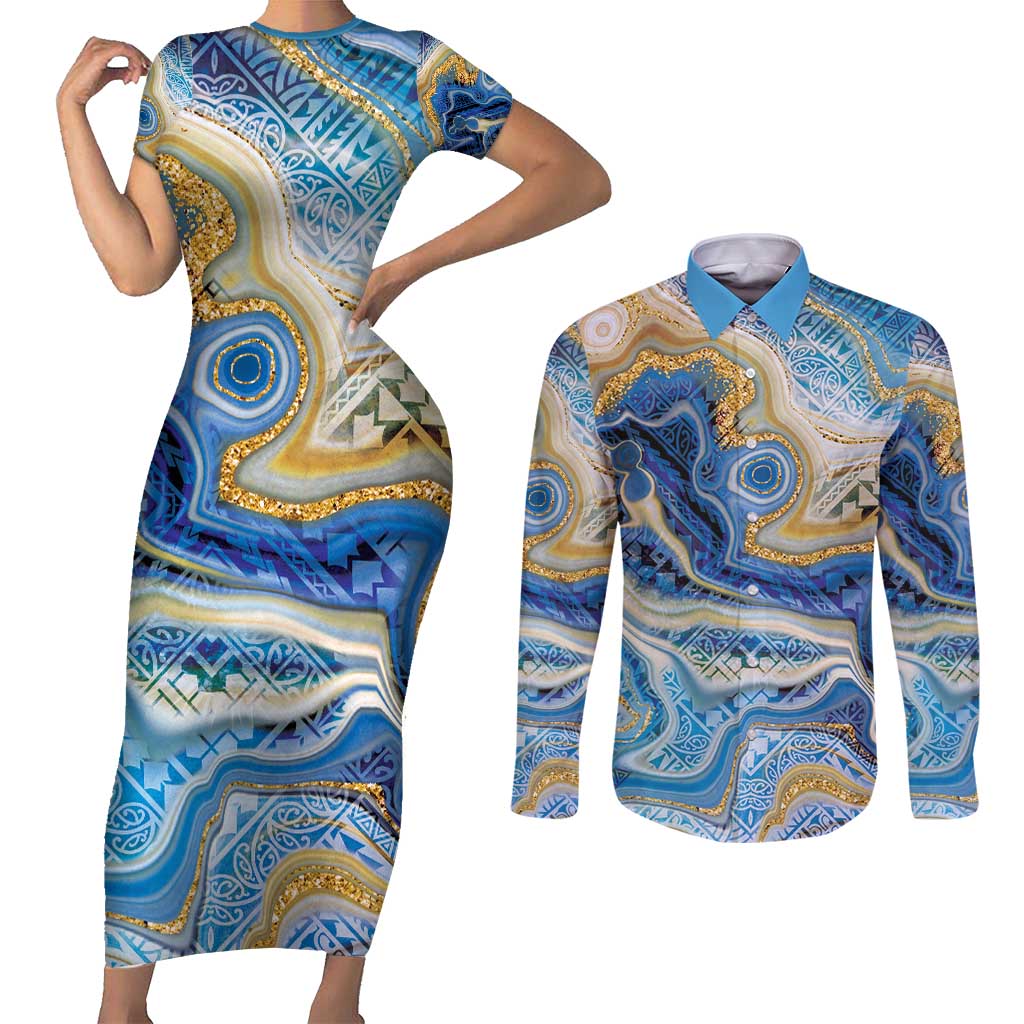 Polynesian Tribal Tattoo Couples Matching Short Sleeve Bodycon Dress and Long Sleeve Button Shirt Swirling Ocean Marble Pattern LT9 Ocean - Polynesian Pride