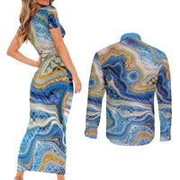 Polynesian Tribal Tattoo Couples Matching Short Sleeve Bodycon Dress and Long Sleeve Button Shirt Swirling Ocean Marble Pattern