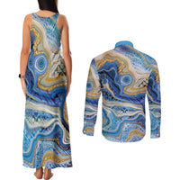 Polynesian Tribal Tattoo Couples Matching Tank Maxi Dress and Long Sleeve Button Shirt Swirling Ocean Marble Pattern