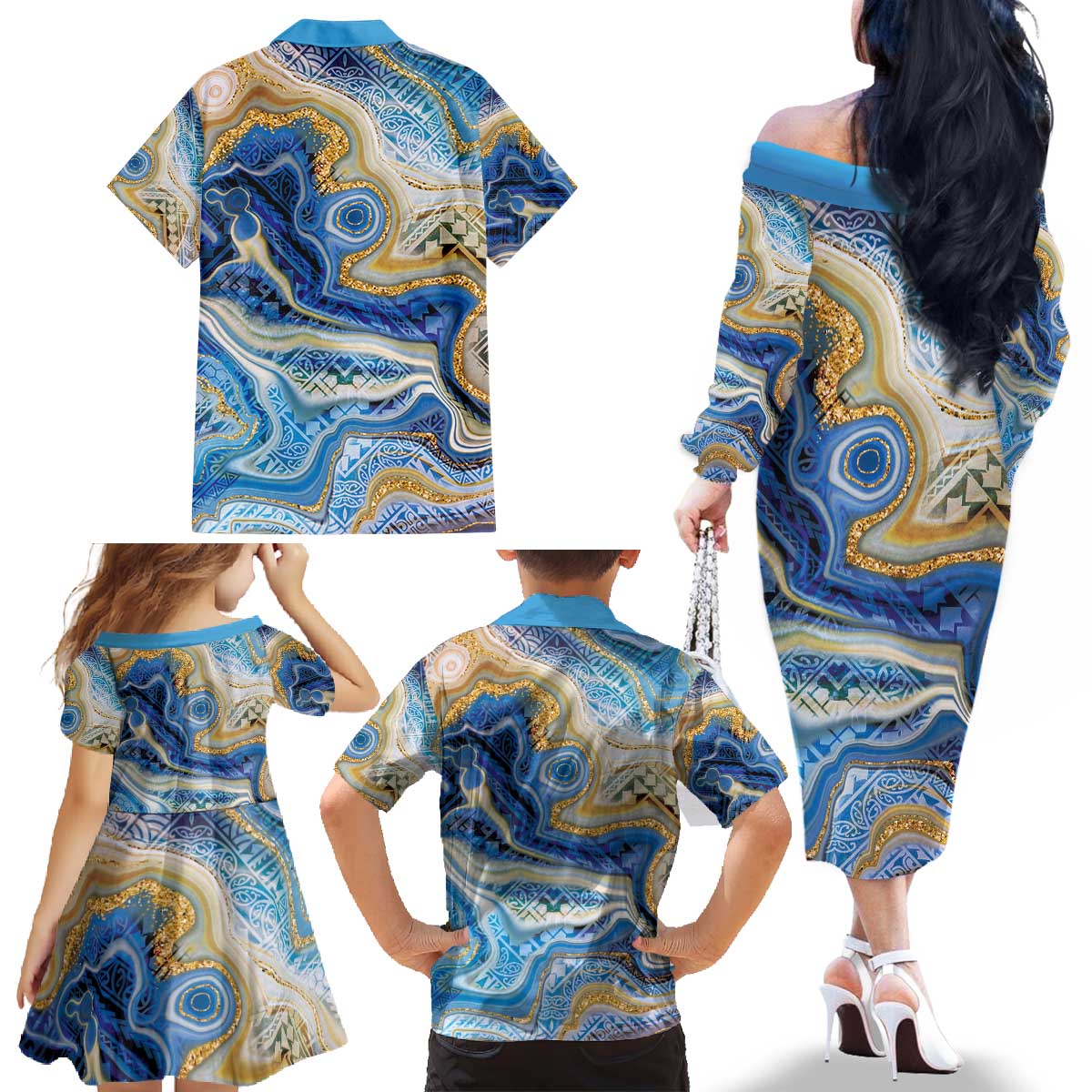 Polynesian Tribal Tattoo Family Matching Off The Shoulder Long Sleeve Dress and Hawaiian Shirt Swirling Ocean Marble Pattern