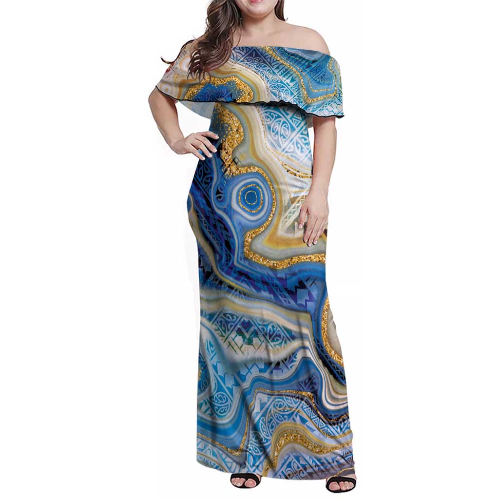 Polynesian Tribal Tattoo Family Matching Off Shoulder Maxi Dress and Hawaiian Shirt Swirling Ocean Marble Pattern LT9 Mom's Dress Ocean - Polynesian Pride