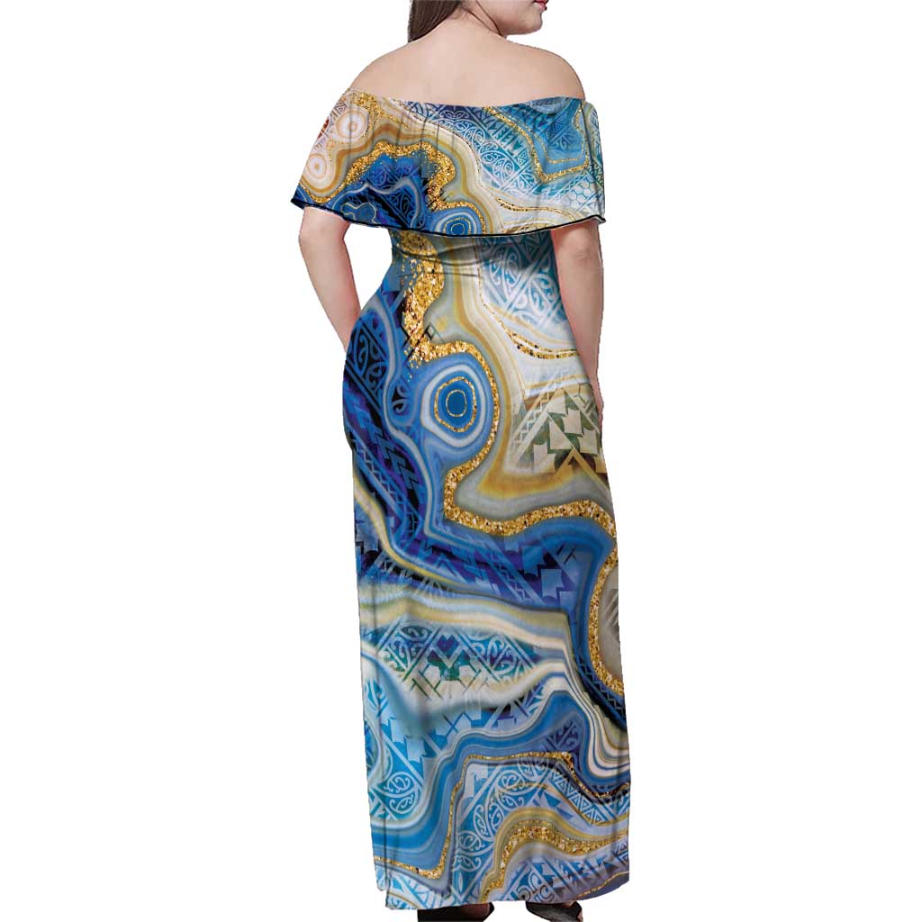 Polynesian Tribal Tattoo Family Matching Off Shoulder Maxi Dress and Hawaiian Shirt Swirling Ocean Marble Pattern LT9 - Polynesian Pride