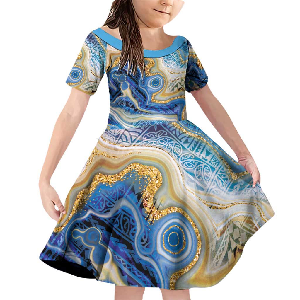 Polynesian Tribal Tattoo Family Matching Off Shoulder Short Dress and Hawaiian Shirt Swirling Ocean Marble Pattern LT9 Daughter's Dress Ocean - Polynesian Pride
