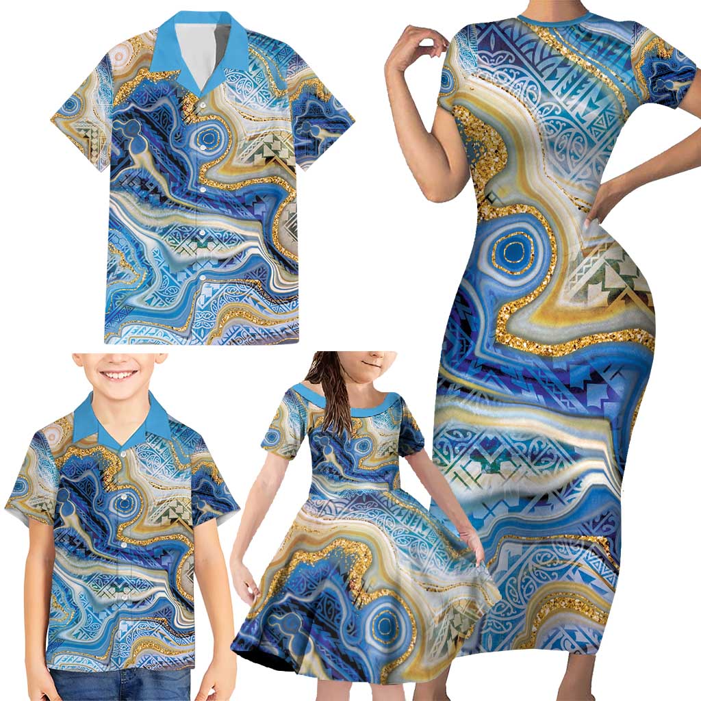 Polynesian Tribal Tattoo Family Matching Short Sleeve Bodycon Dress and Hawaiian Shirt Swirling Ocean Marble Pattern LT9 - Polynesian Pride
