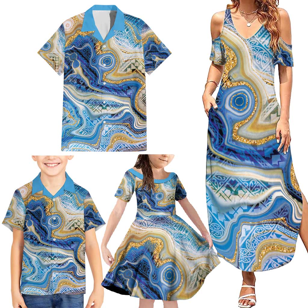 Polynesian Tribal Tattoo Family Matching Summer Maxi Dress and Hawaiian Shirt Swirling Ocean Marble Pattern LT9 - Polynesian Pride