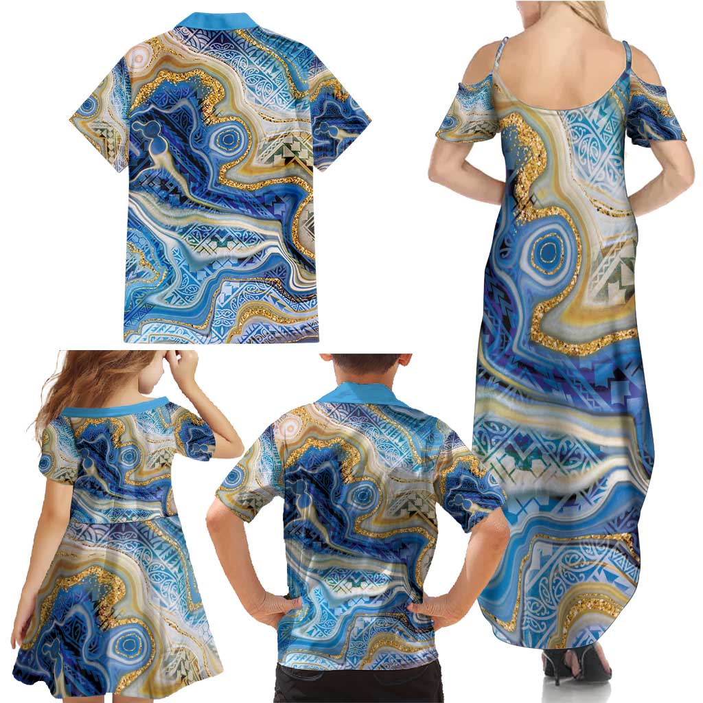 Polynesian Tribal Tattoo Family Matching Summer Maxi Dress and Hawaiian Shirt Swirling Ocean Marble Pattern LT9 - Polynesian Pride