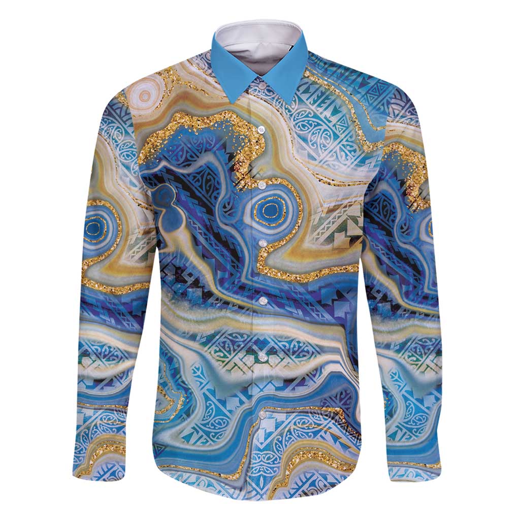 Polynesian Tribal Tattoo Family Matching Summer Maxi Dress and Hawaiian Shirt Swirling Ocean Marble Pattern LT9 Dad's Shirt - Long Sleeve Ocean - Polynesian Pride