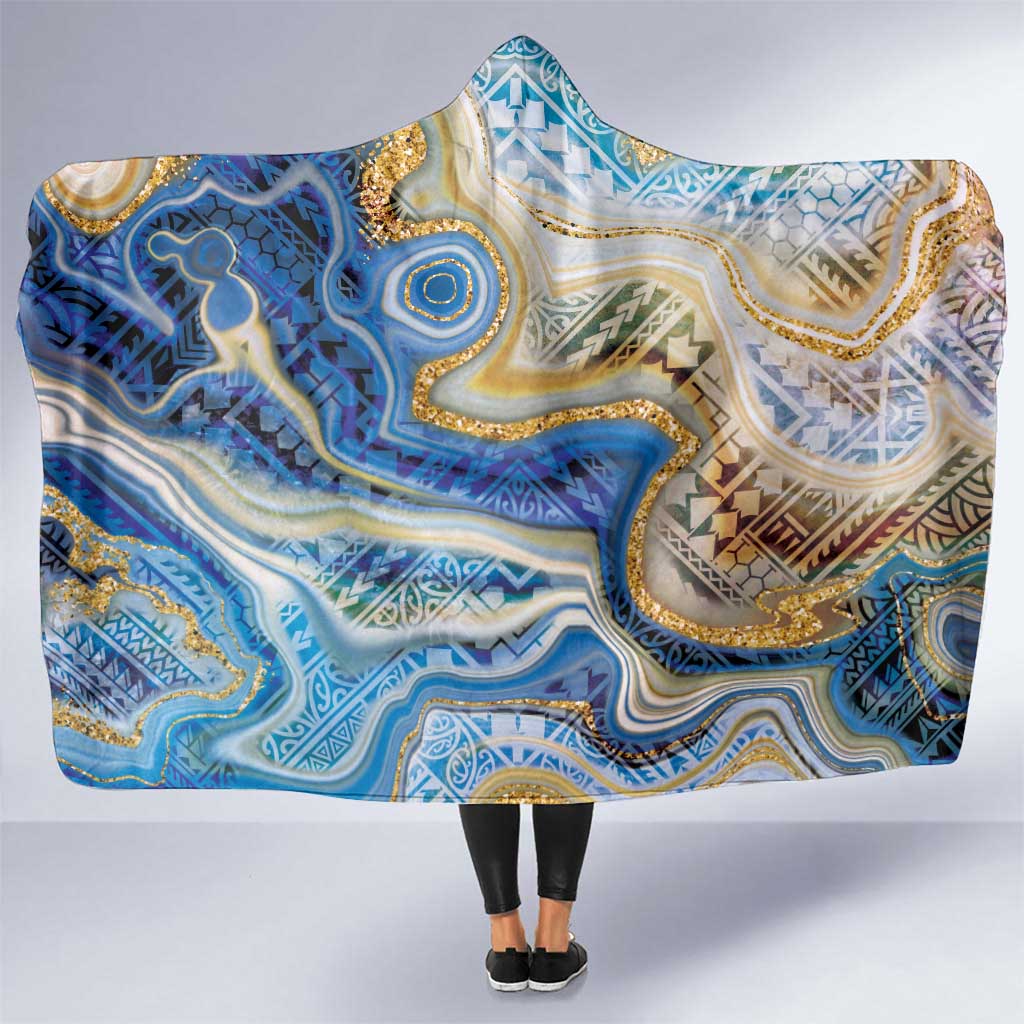 Polynesian Tribal Tattoo Hooded Blanket Swirling Ocean Marble Pattern