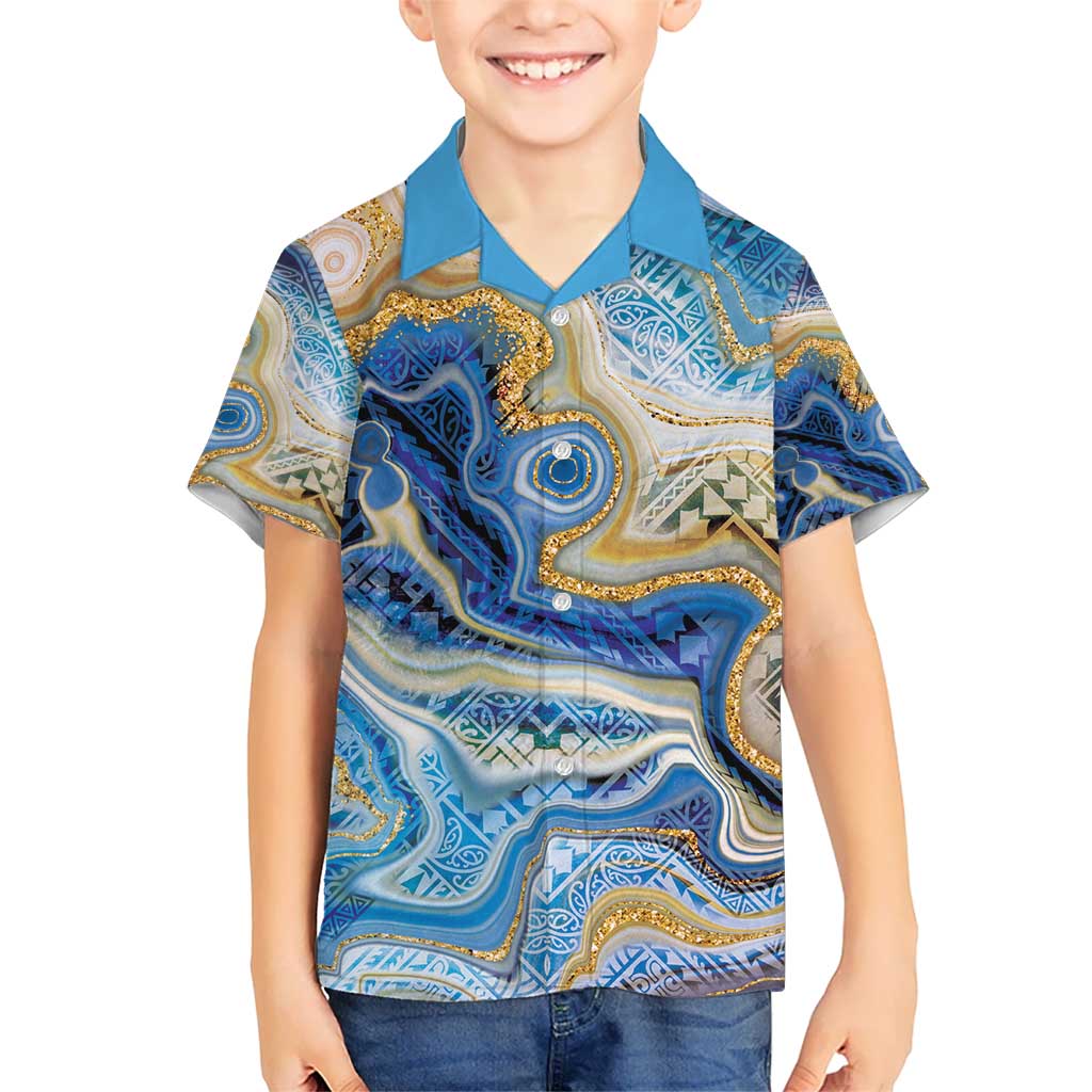 Polynesian Tribal Tattoo Kid Hawaiian Shirt Swirling Ocean Marble Pattern