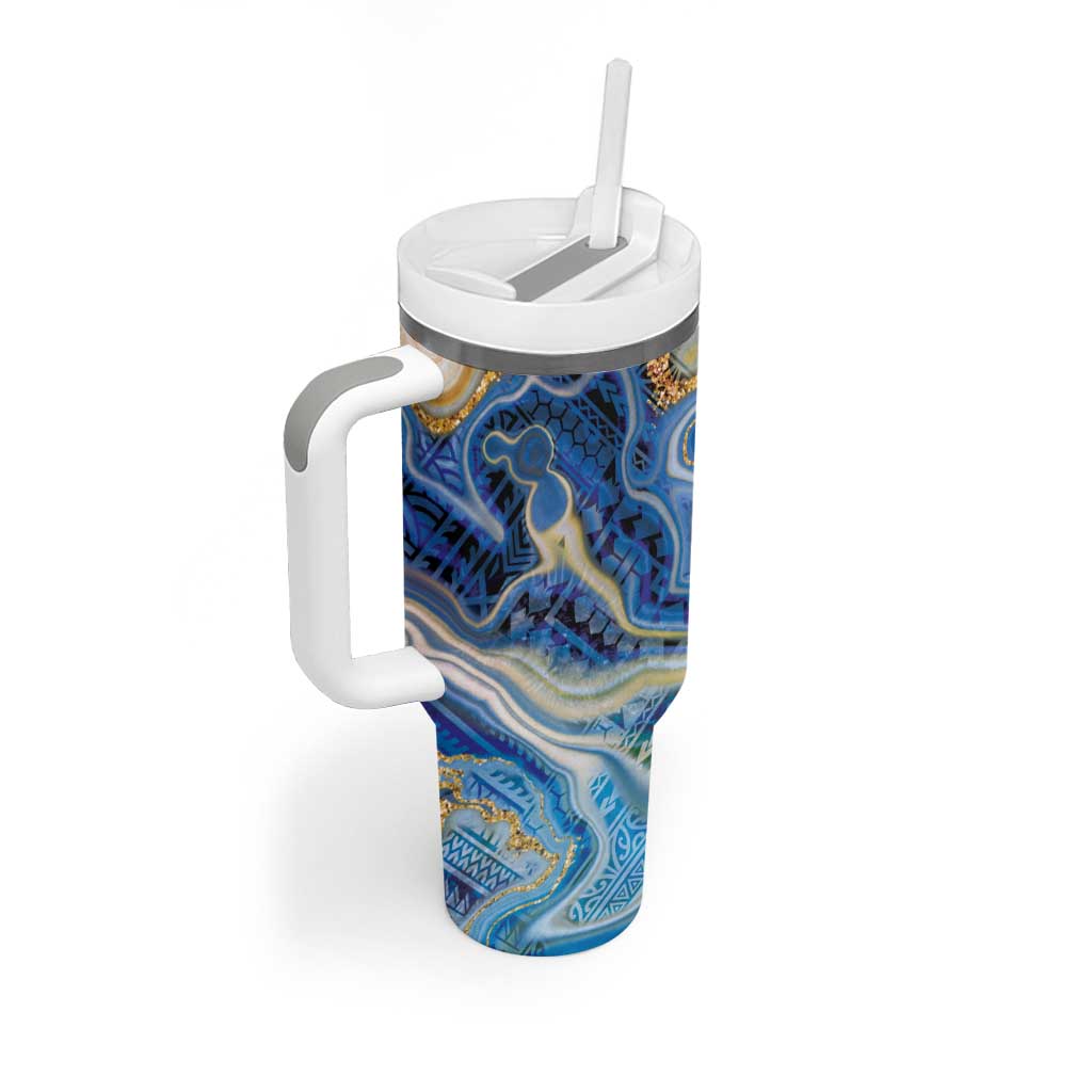 Polynesian Tribal Tattoo Tumbler With Handle Swirling Ocean Marble Pattern