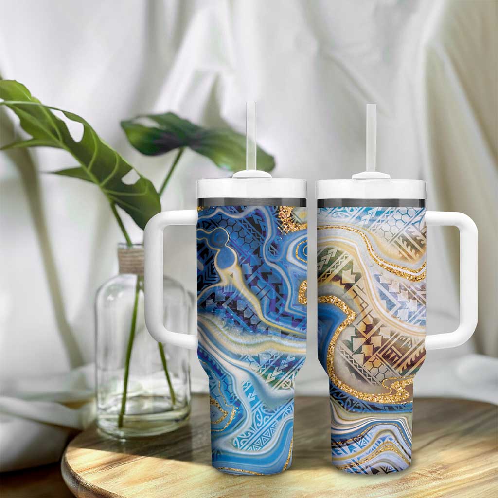 Polynesian Tribal Tattoo Tumbler With Handle Swirling Ocean Marble Pattern