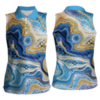 Polynesian Tribal Tattoo Women Sleeveless Polo Shirt Swirling Ocean Marble Pattern
