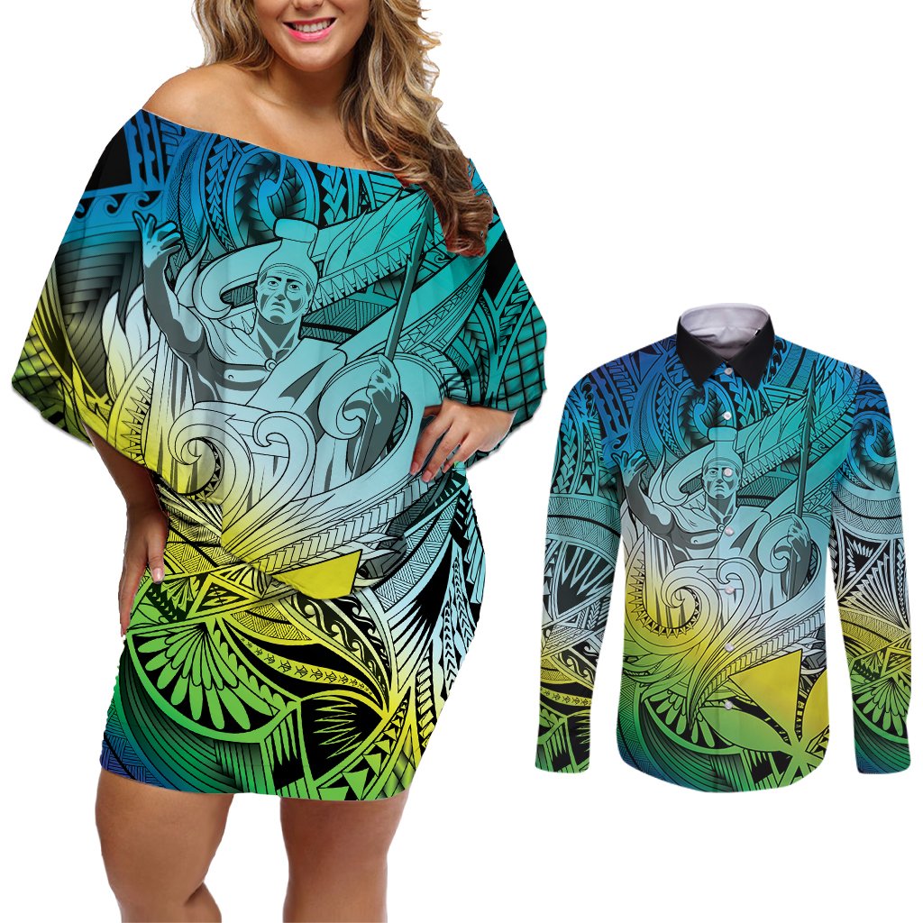 Personalised Aloha King Kamehameha Spirits Couples Matching Off Shoulder Short Dress and Long Sleeve Button Shirt Art Special LT9 Art - Polynesian Pride