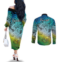 Personalised Aloha King Kamehameha Spirits Couples Matching Off The Shoulder Long Sleeve Dress and Long Sleeve Button Shirt Art Special LT9 - Polynesian Pride