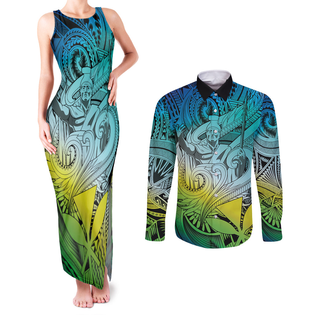 Personalised Aloha King Kamehameha Spirits Couples Matching Tank Maxi Dress and Long Sleeve Button Shirt Art Special LT9 Art - Polynesian Pride