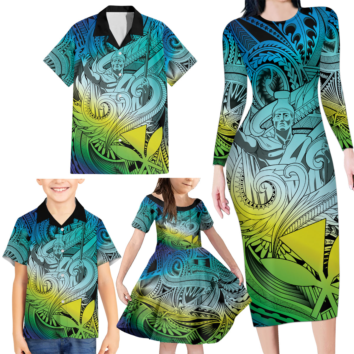 Personalised Aloha King Kamehameha Spirits Family Matching Long Sleeve Bodycon Dress and Hawaiian Shirt Art Special LT9 - Polynesian Pride
