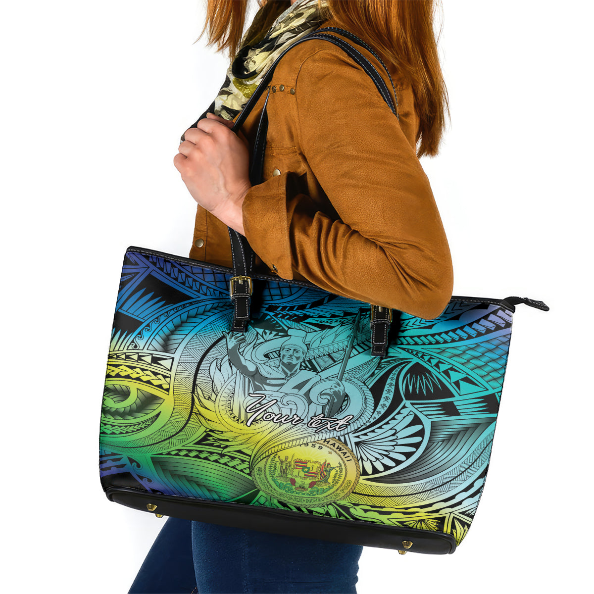 Personalised Aloha King Kamehameha Spirits Leather Tote Bag Art Special LT9 Art - Polynesian Pride