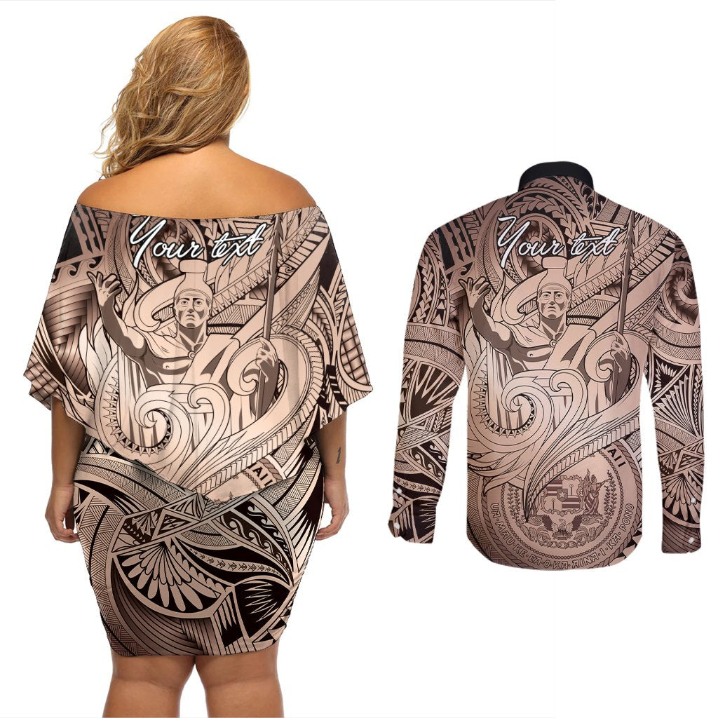 Personalised Aloha King Kamehameha Spirits Couples Matching Off Shoulder Short Dress and Long Sleeve Button Shirt Beige Special LT9 - Polynesian Pride