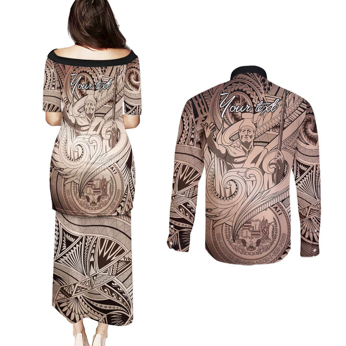 Personalised Aloha King Kamehameha Spirits Couples Matching Puletasi and Long Sleeve Button Shirt Beige Special LT9 - Polynesian Pride