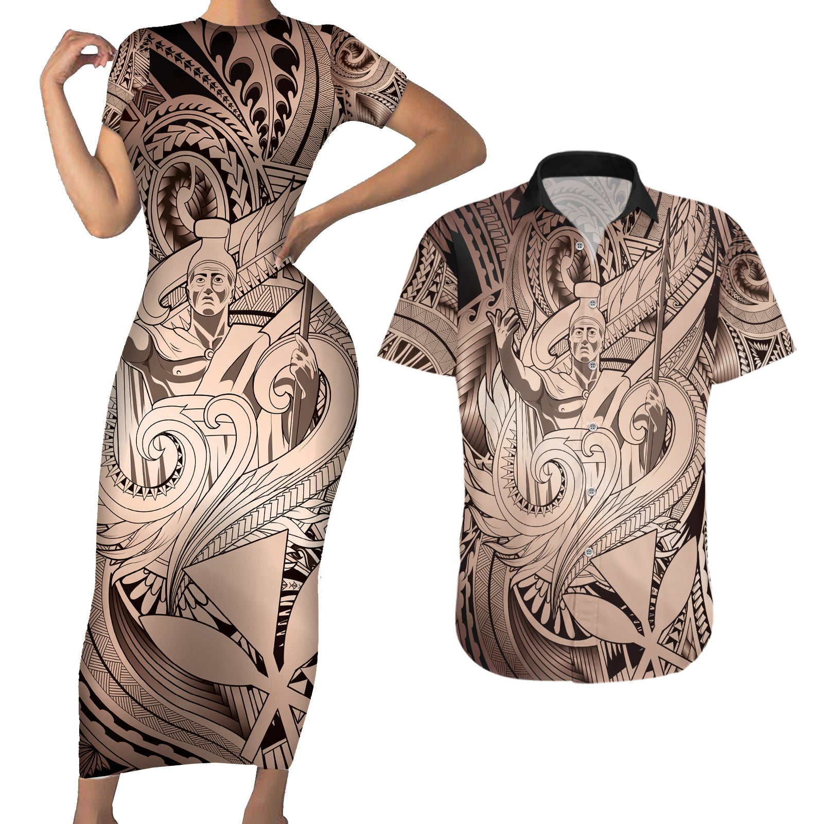 Personalised Aloha King Kamehameha Spirits Couples Matching Short Sleeve Bodycon Dress and Hawaiian Shirt Beige Special LT9 Beige - Polynesian Pride