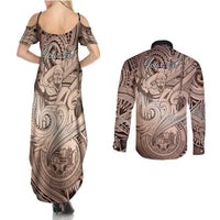 Personalised Aloha King Kamehameha Spirits Couples Matching Summer Maxi Dress and Long Sleeve Button Shirt Beige Special LT9 - Polynesian Pride