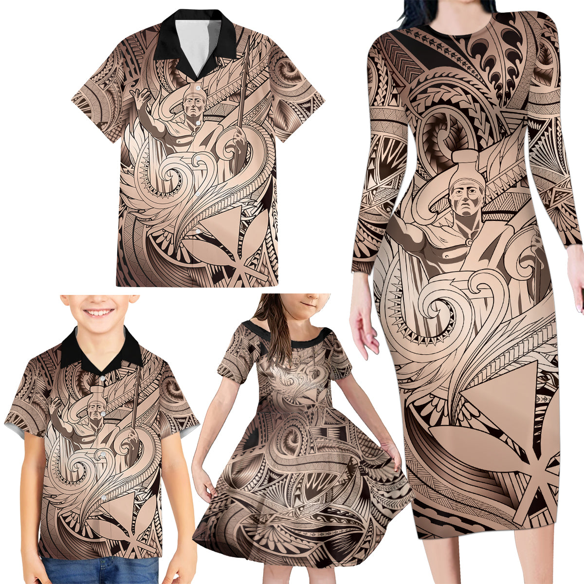 Personalised Aloha King Kamehameha Spirits Family Matching Long Sleeve Bodycon Dress and Hawaiian Shirt Beige Special LT9 - Polynesian Pride
