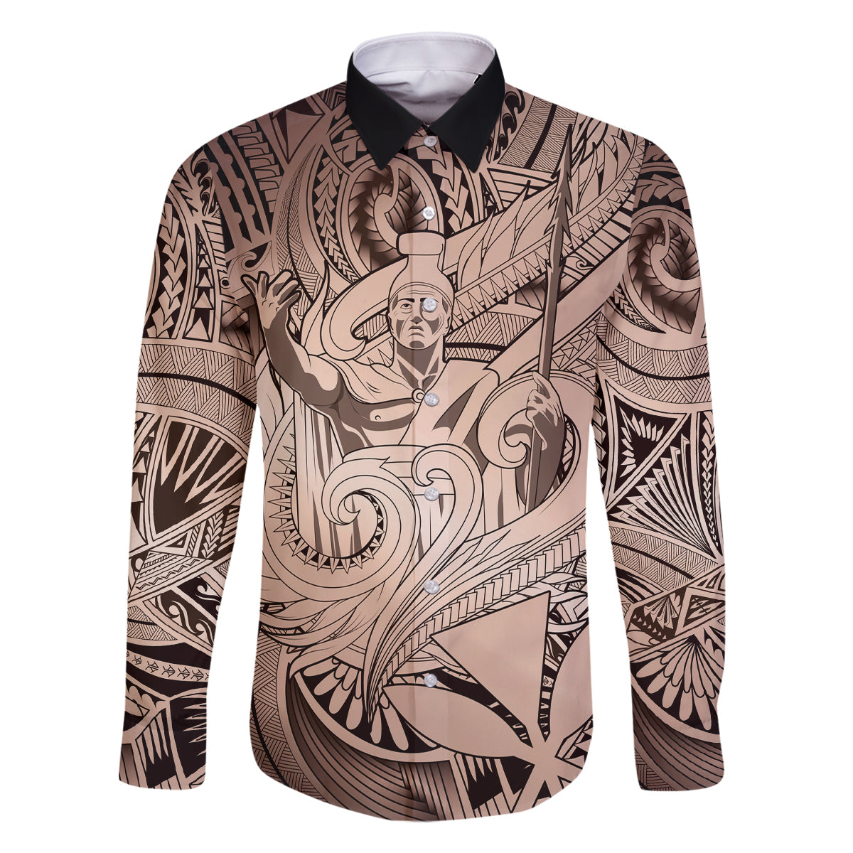 Personalised Aloha King Kamehameha Spirits Family Matching Off Shoulder Maxi Dress and Hawaiian Shirt Beige Special LT9 Dad's Shirt - Long Sleeve Beige - Polynesian Pride