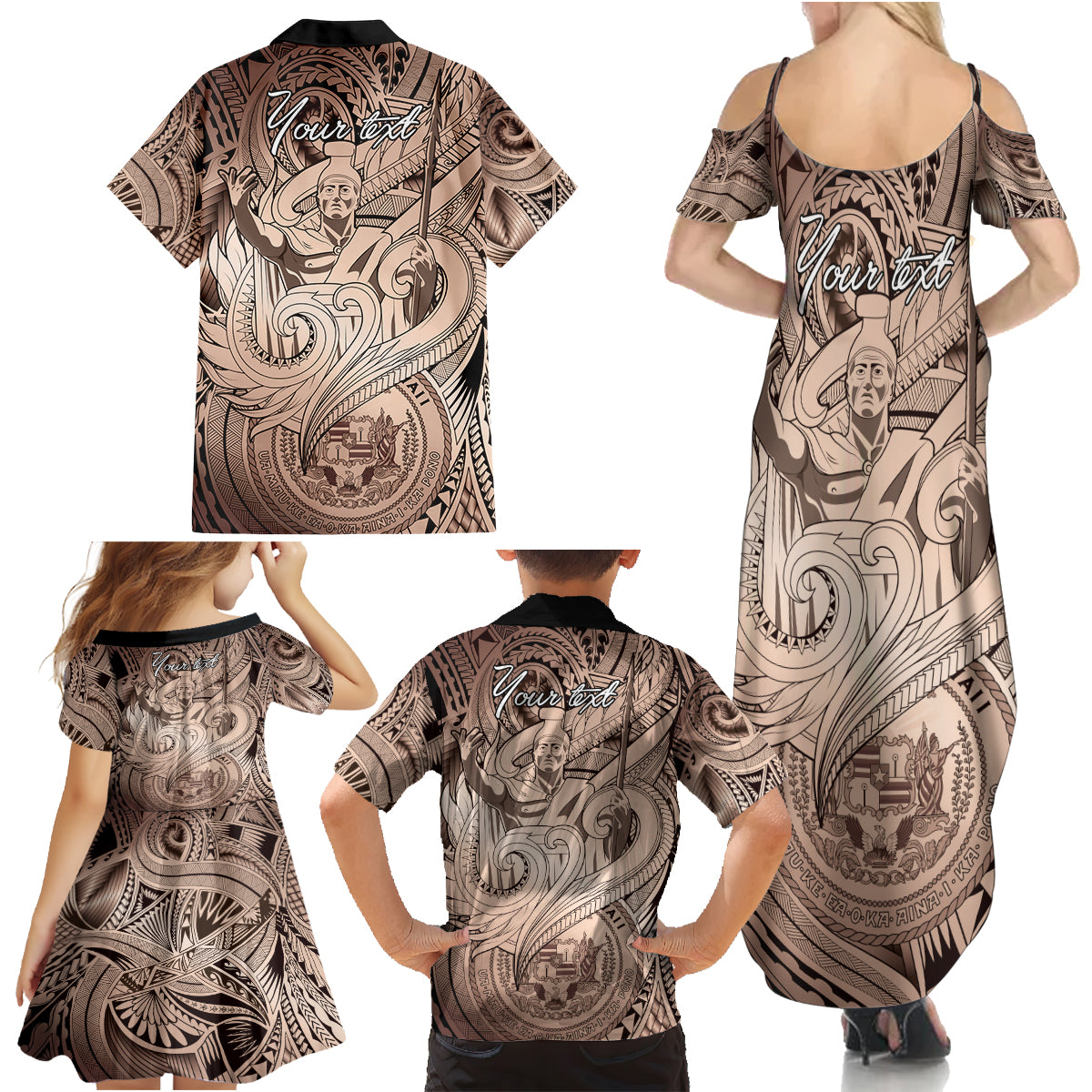 Personalised Aloha King Kamehameha Spirits Family Matching Summer Maxi Dress and Hawaiian Shirt Beige Special LT9 - Polynesian Pride