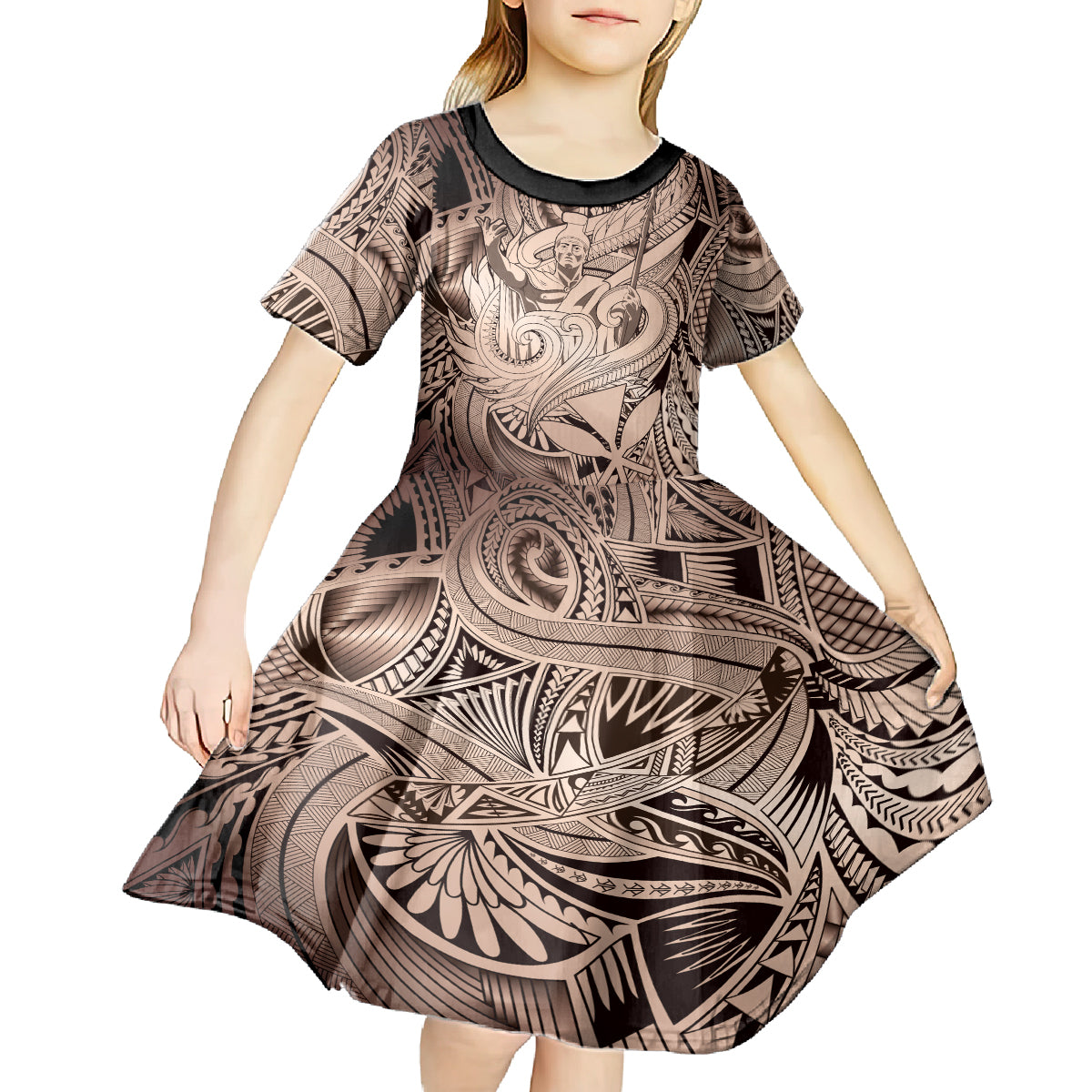Personalised Aloha King Kamehameha Spirits Kid Short Sleeve Dress Beige Special LT9 - Polynesian Pride