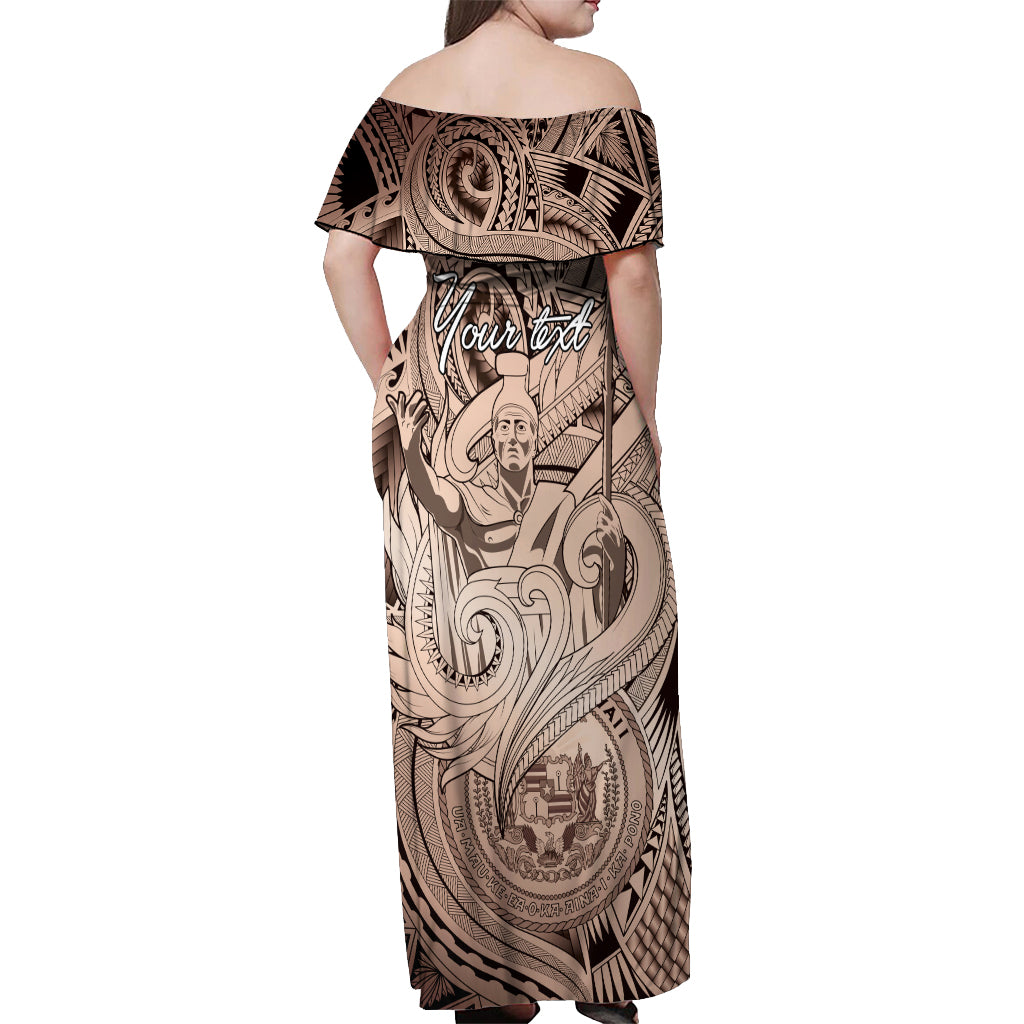 Personalised Aloha King Kamehameha Spirits Off Shoulder Maxi Dress Beige Special LT9 - Polynesian Pride