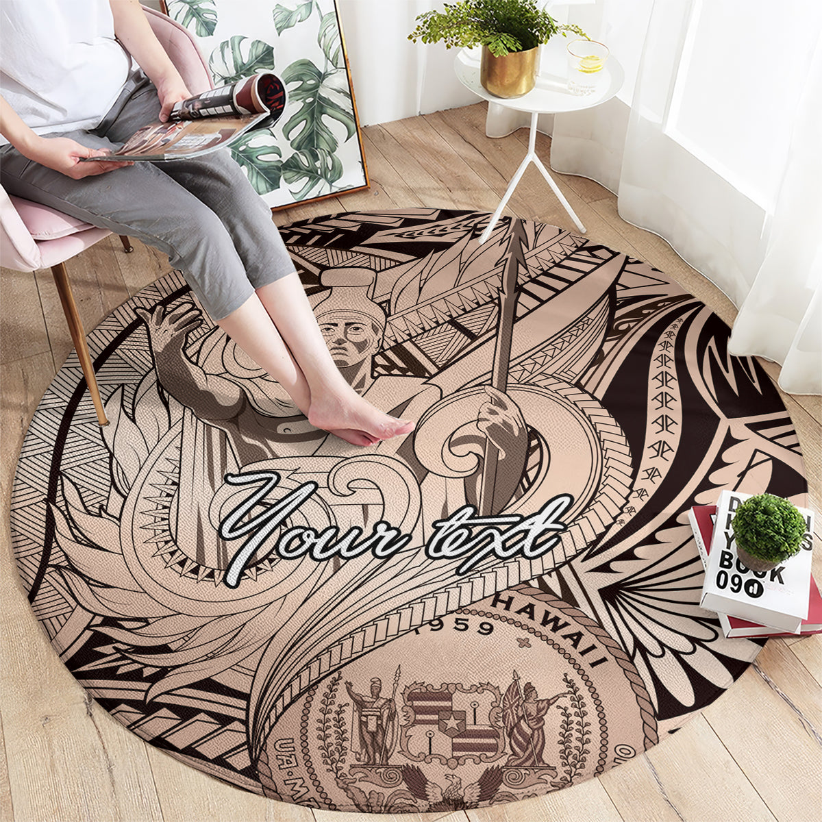 Personalised Aloha King Kamehameha Spirits Round Carpet Beige Special LT9 - Polynesian Pride