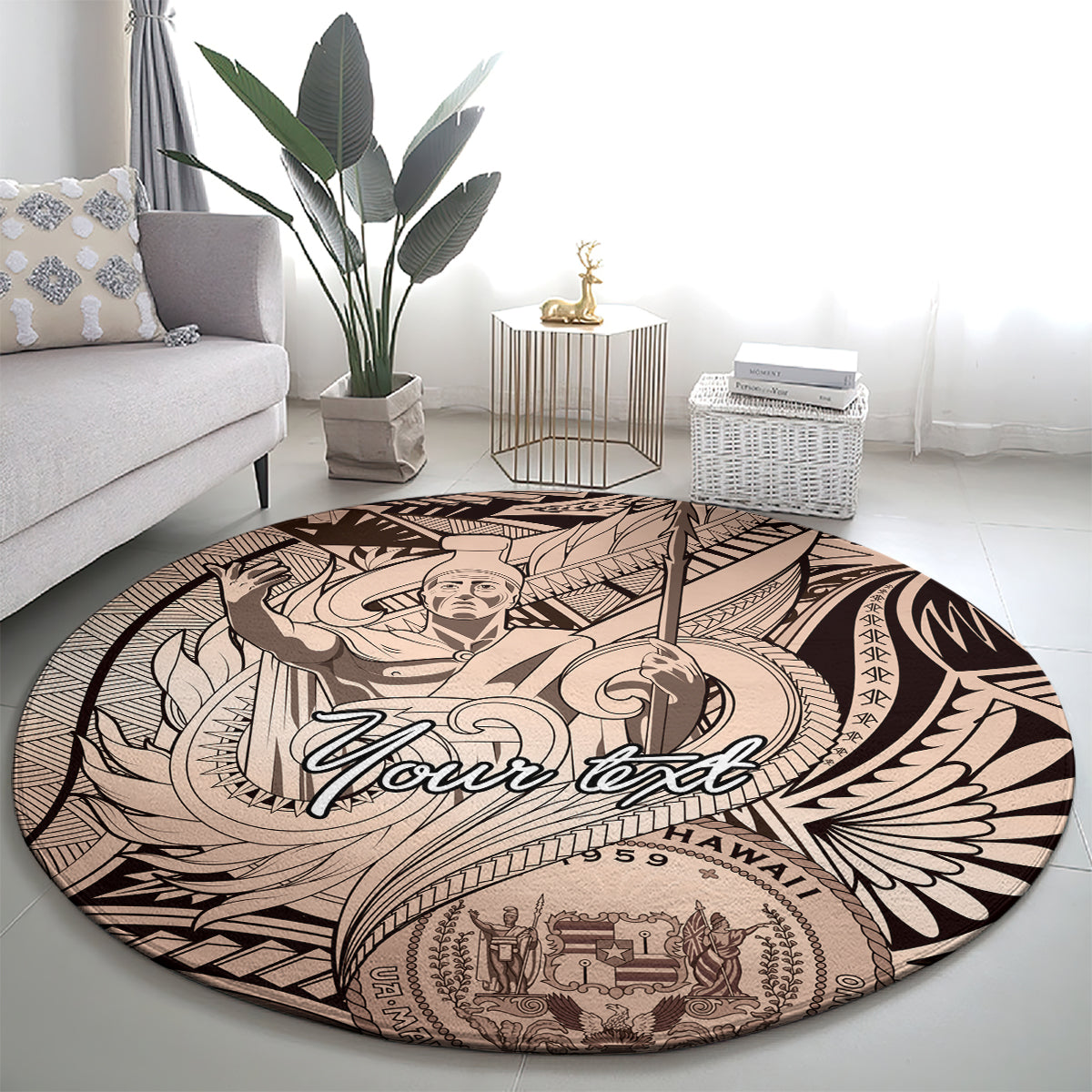 Personalised Aloha King Kamehameha Spirits Round Carpet Beige Special LT9 - Polynesian Pride