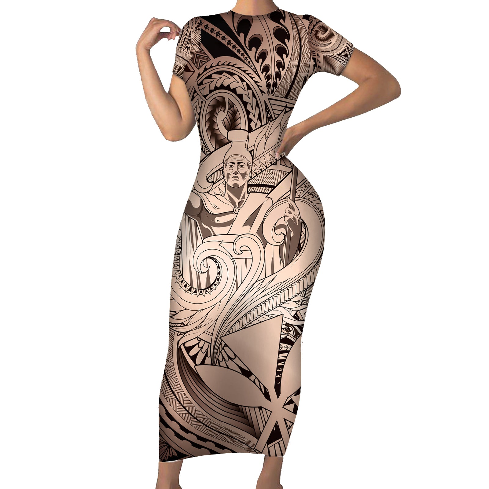 Personalised Aloha King Kamehameha Spirits Short Sleeve Bodycon Dress Beige Special LT9 Long Dress Beige - Polynesian Pride