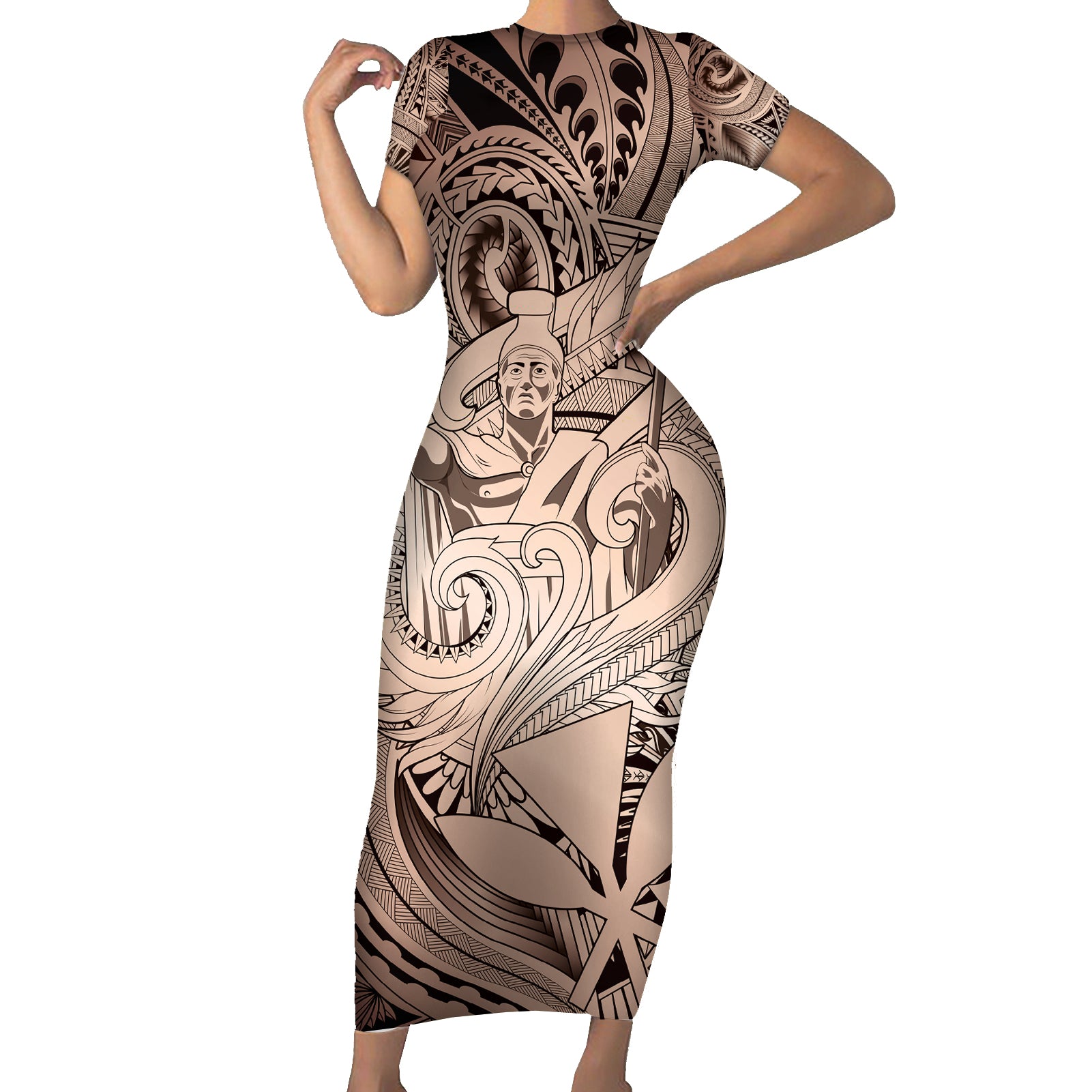 Personalised Aloha King Kamehameha Spirits Short Sleeve Bodycon Dress Beige Special LT9 Long Dress Beige - Polynesian Pride